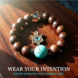 Hamsa Hand! Turquoise + Mocha Mousse! Howlite + Magnesite Blessings Bracelet 6"